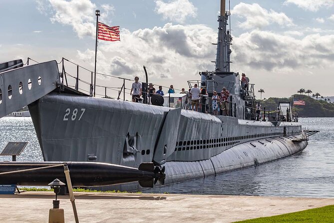USS Bowfin submarine displayed beside the Pearl Harbor Visitor Center