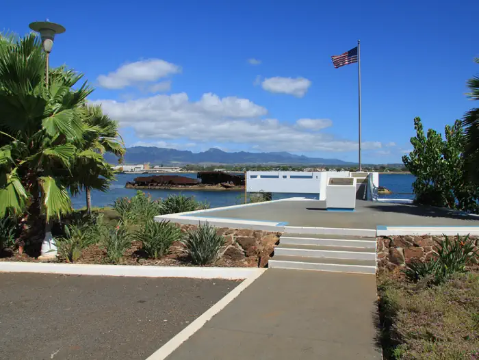 USS Utah Memorial beside the visible wreck off Ford Island